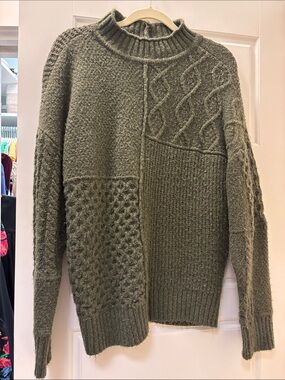 American Eagle Outfitters Olive Patchwork Cable Knit Turtleneck Sweater